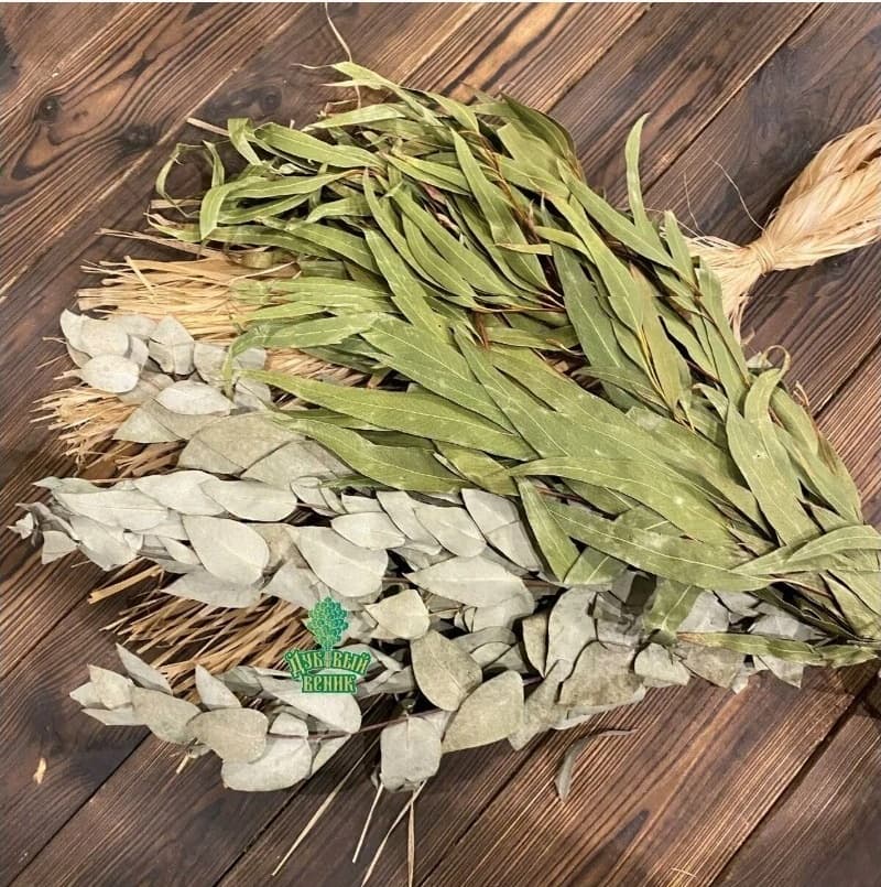 Eucalyptus sauna whisks on a wooden surface