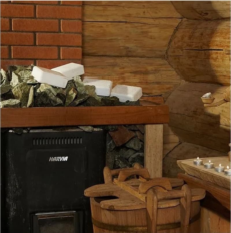 Salt briquettes resting on sauna heater stones